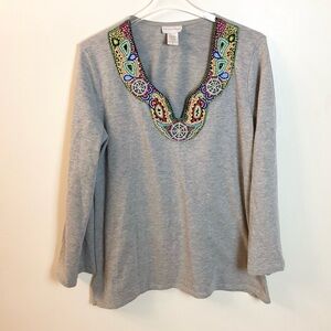 Soft Surroundings Long Sleeve Beaded Neck Top - Gray - L